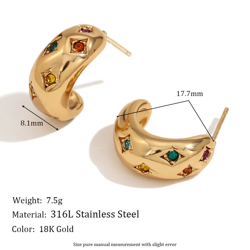 Fashion Niche Simple Retro Earrings Stainless Steel Plated 18K Gold Casting Micro-Inlaid Wave Earrings For Women