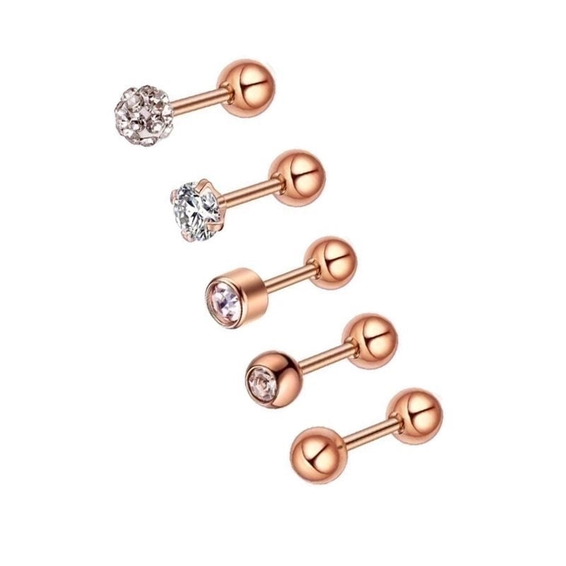 Minimalist Heart Shape Stainless Steel Plating Zircon Ear Studs 5 Piece Set