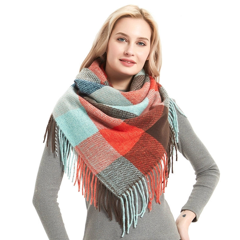 Scarf Women Tonglu Autumn And Winter New Polyester Spiny Hair Long Tassel Plaid Square Scarf Factory Direct Supply Shawl