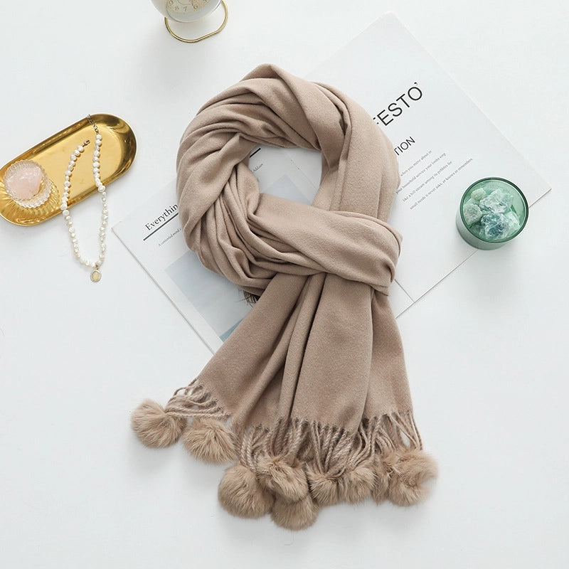 Cashmere Wool Scarf Women's Autumn And Winter High-grade Solid Color Ball Scarf Shawl Fur Ball Imitation Cashmere Scarf