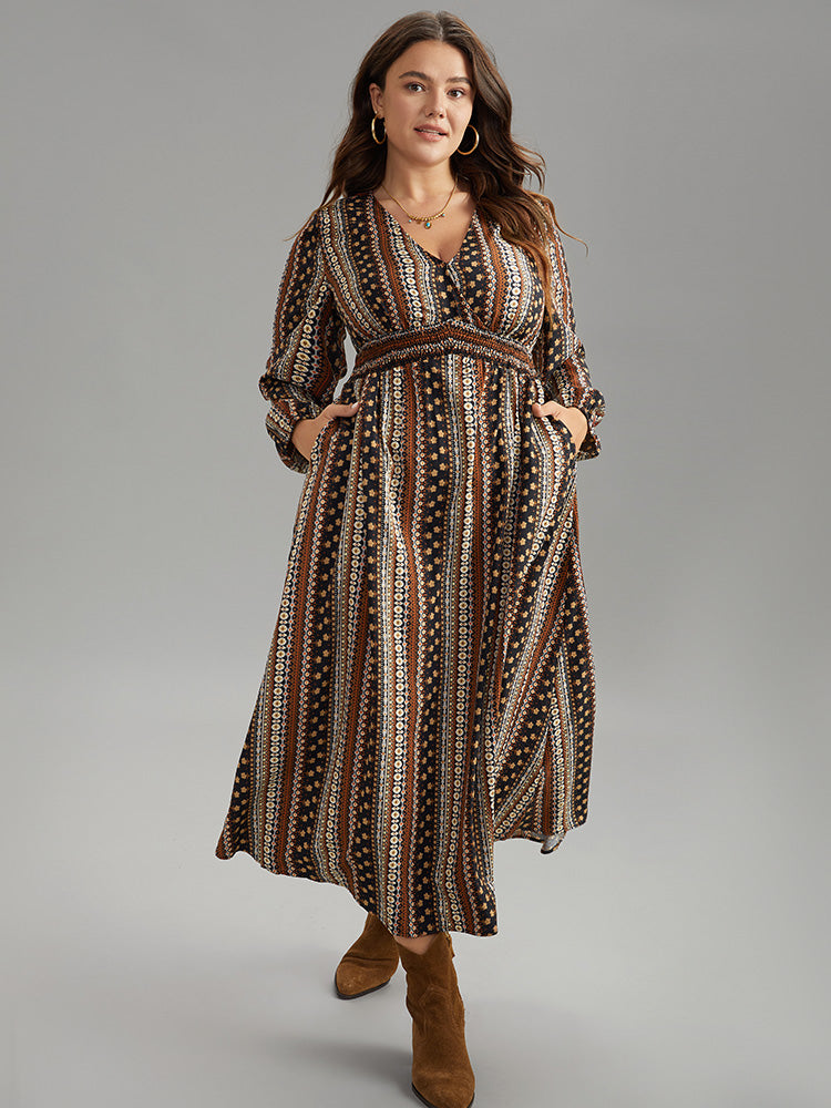 Bandana Print Wrap Shirred Dress