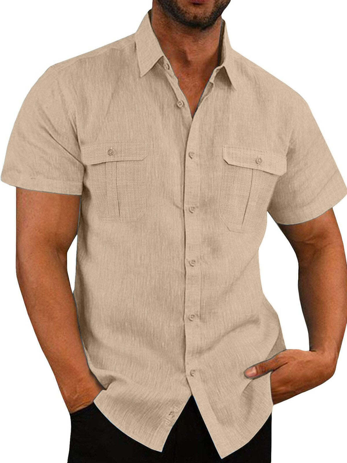 7-Pack Men's Shirts Double Pocket Cotton Linen Short Sleeve Shirts Casual Vacation Shirts