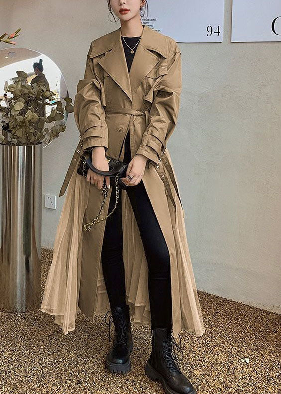 Women Khaki Peter Pan Collar Tulle Patchwork Cotton Trench Coat Long Sleeve