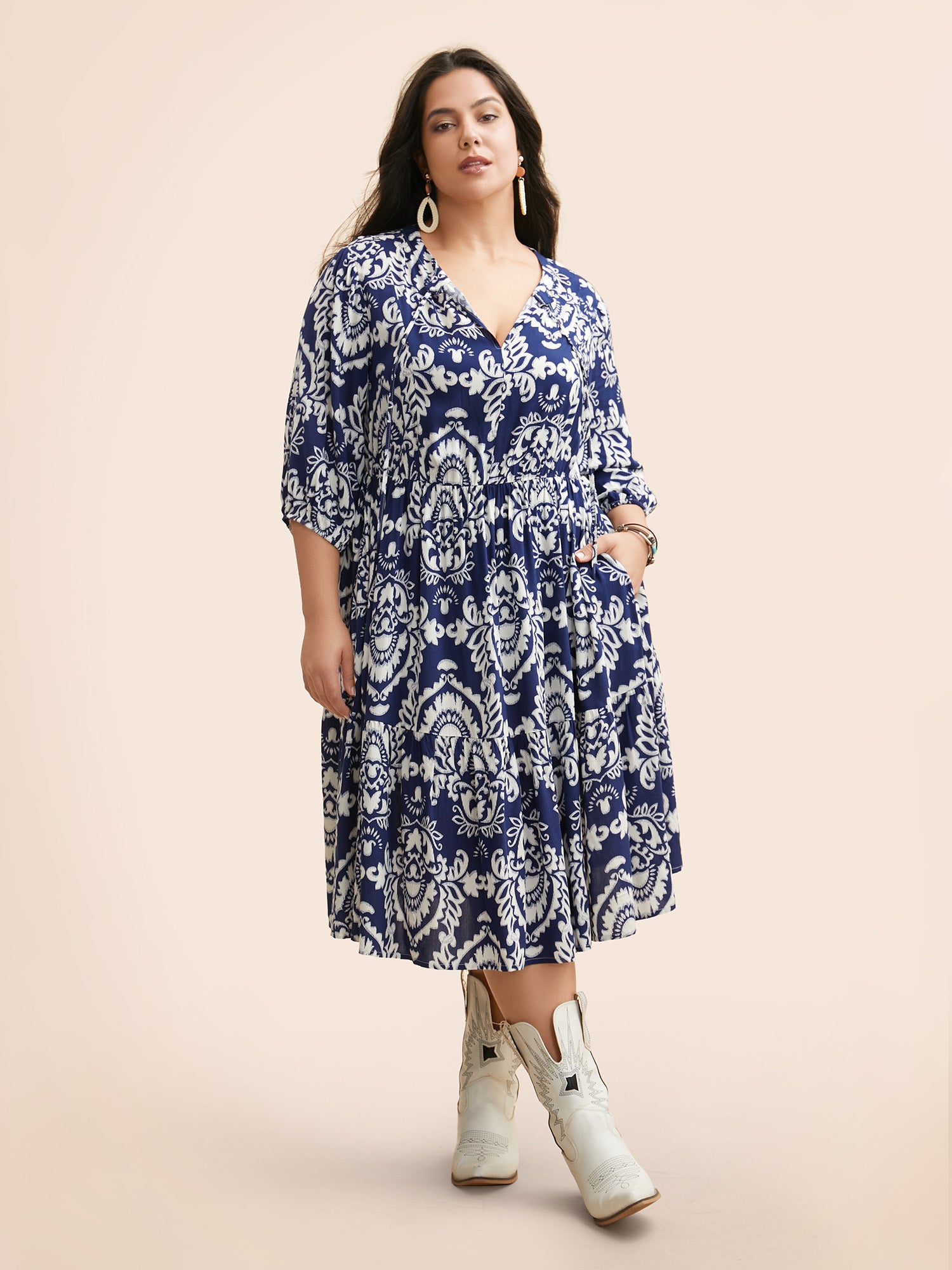 Boho Print Tie Knot Puff Sleeve Dress