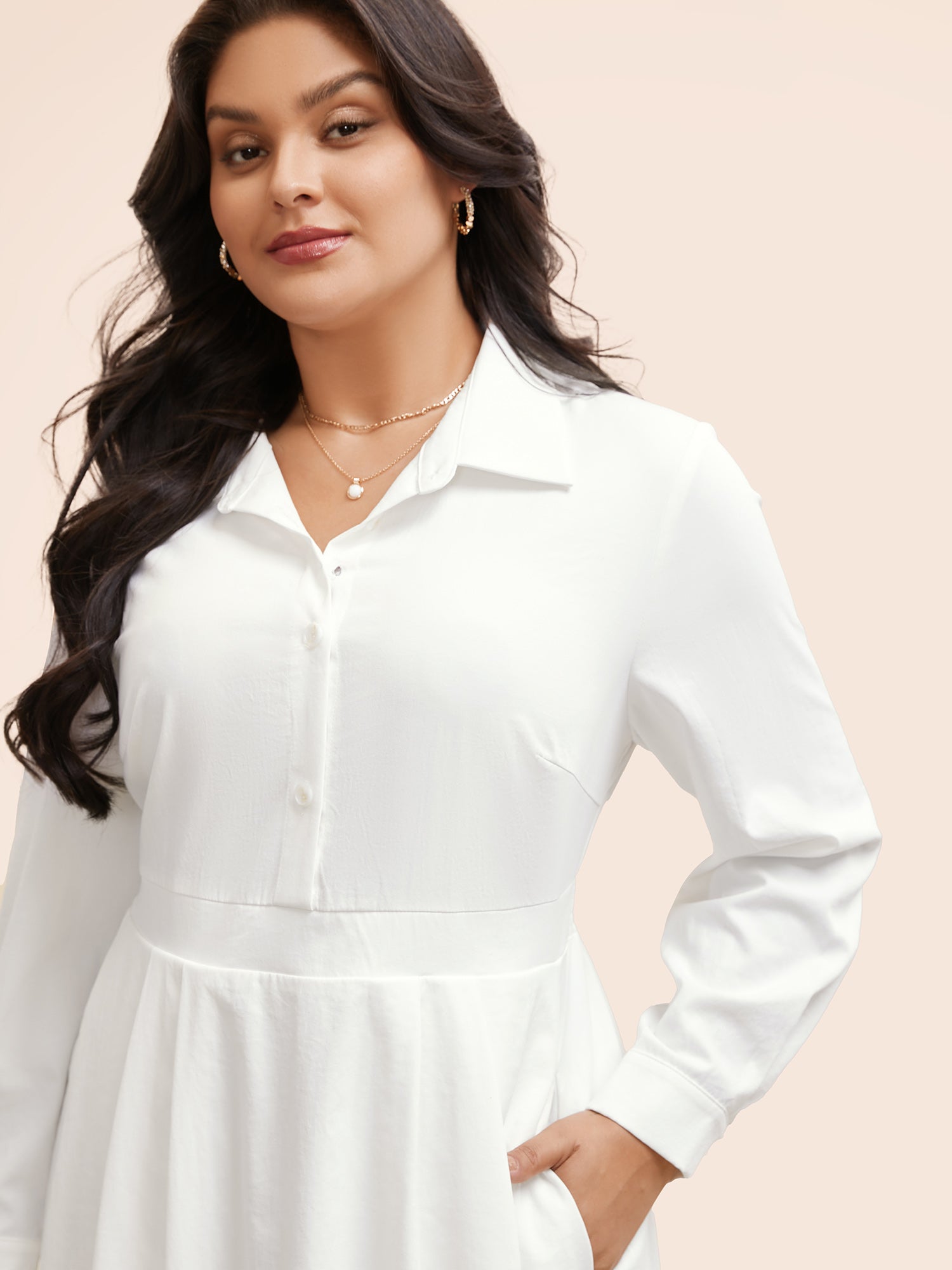Plain Shirt Collar Shirred Bubble Dress