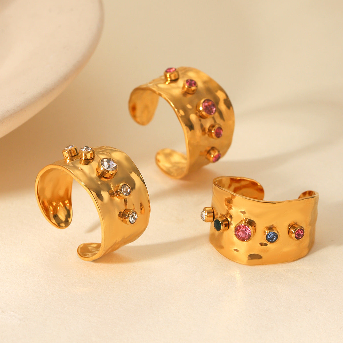 Ins Style Colored Zircon Ring Titanium Steel Open Ring 18K Gold-Plated Stainless Steel Ring Jewelry