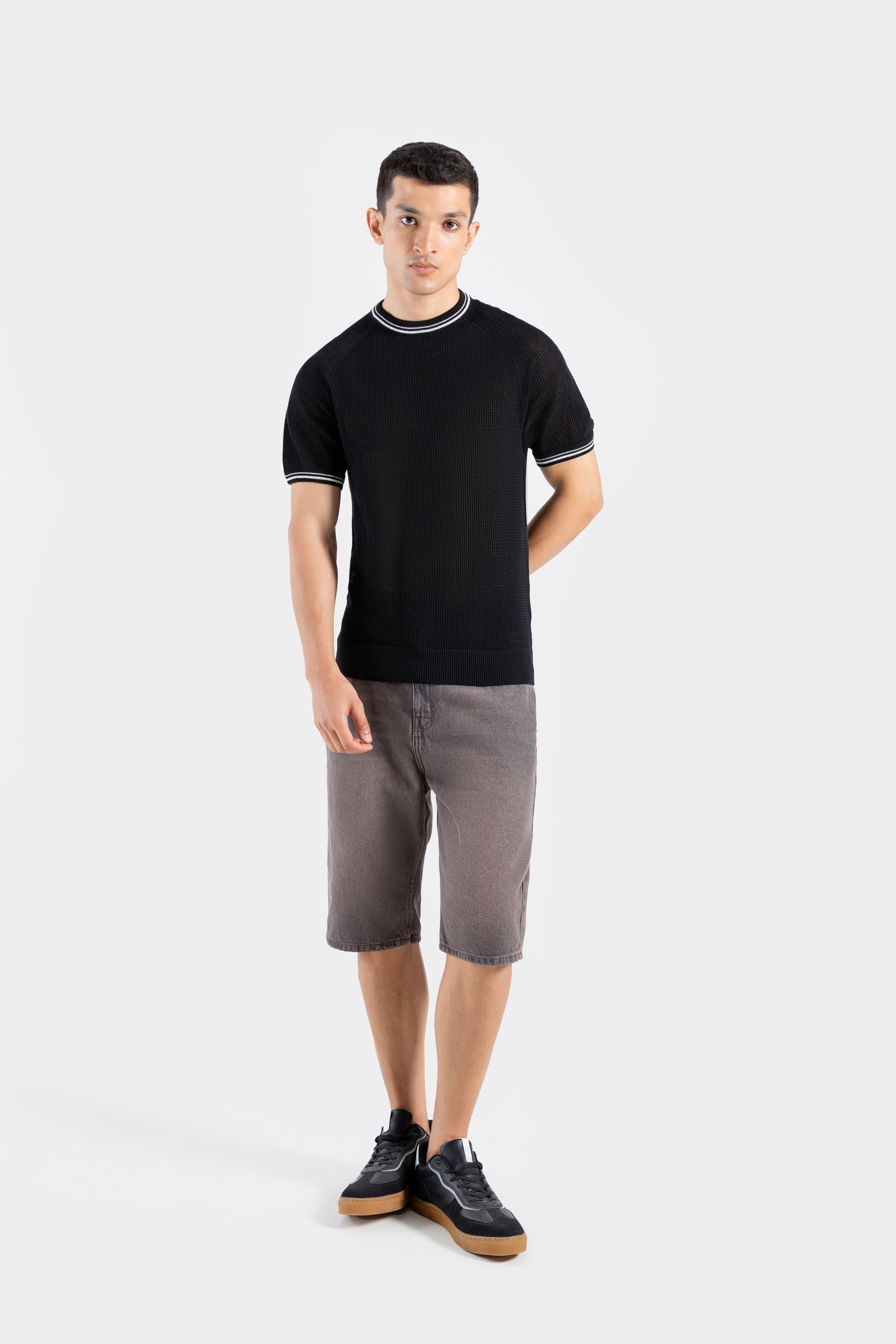 Textured Knitted T-Shirt with Contrast Pipping