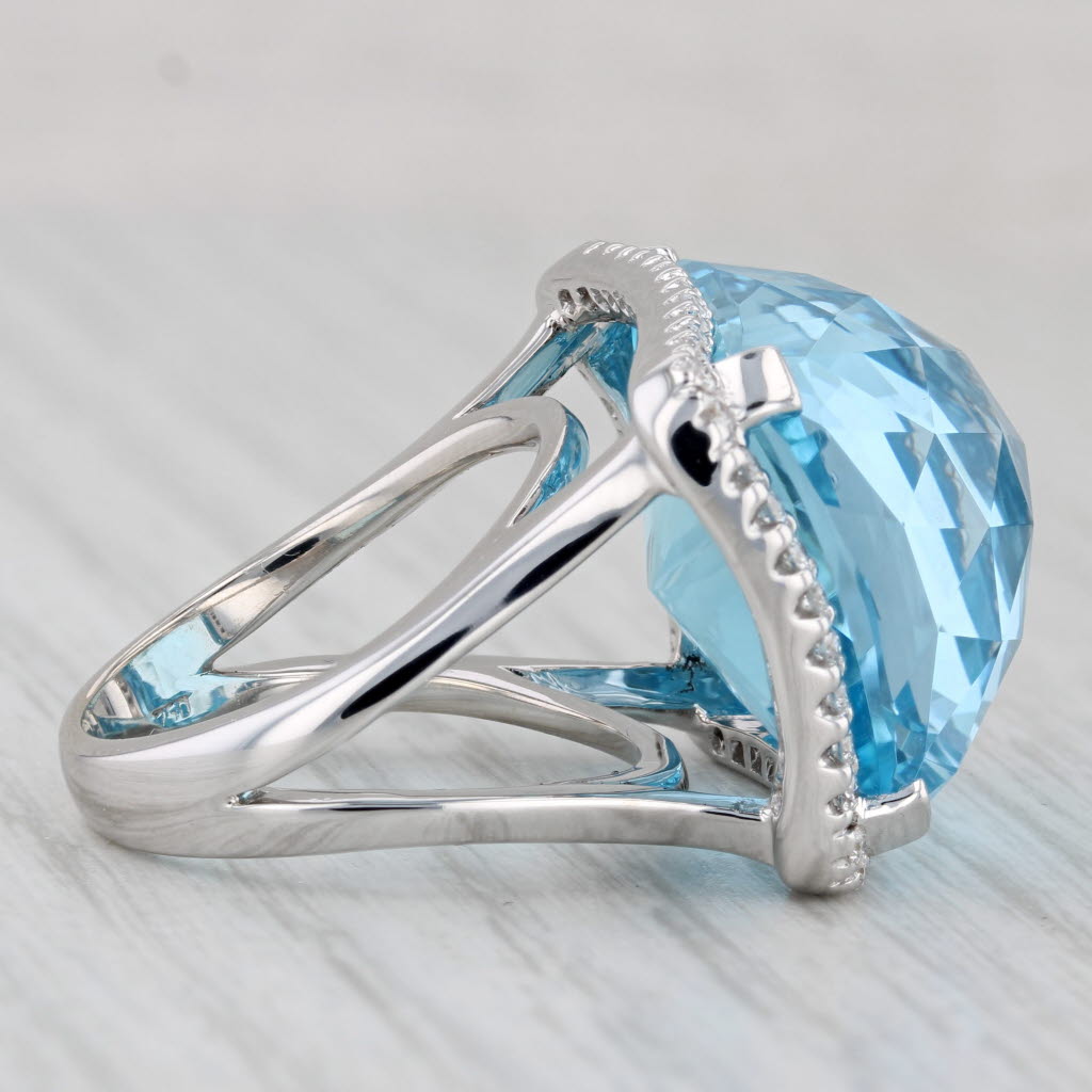 37.47ctw Blue Topaz Diamond Halo Ring 18k White Gold Size 6.5 Cocktail