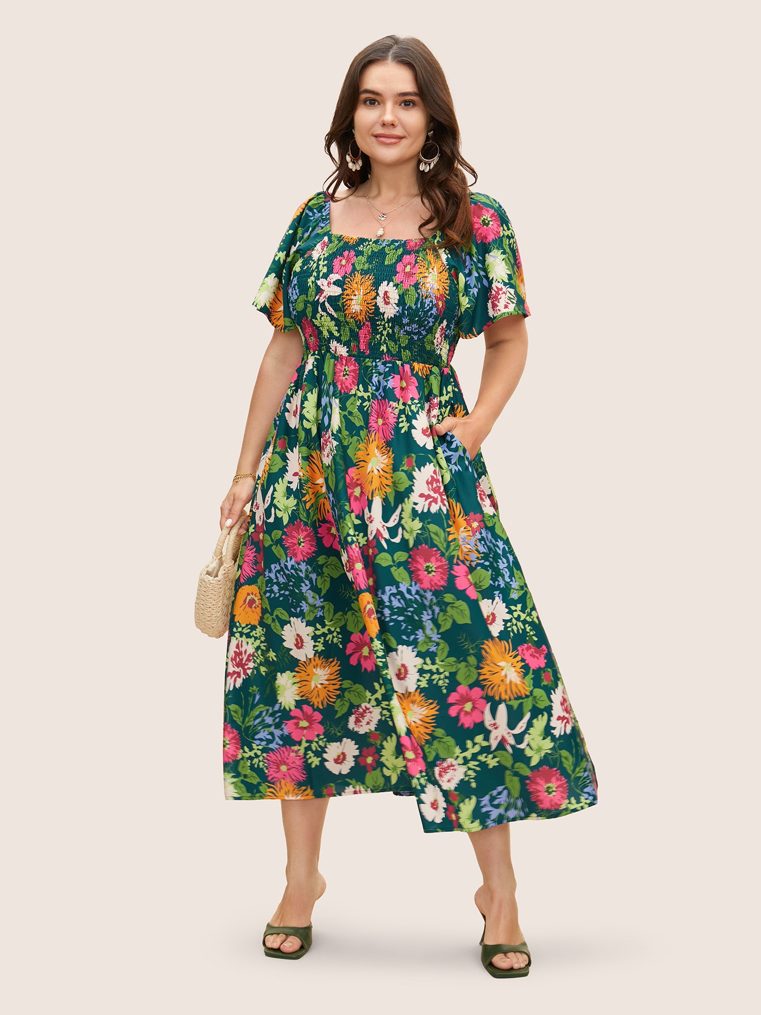 Floral Backless Shirred Square Neck Pocket Ruffle Hem Dress