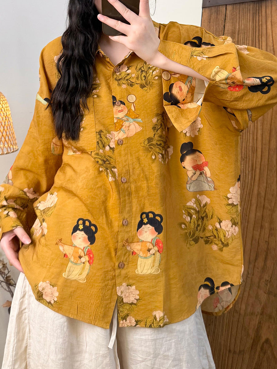 Women Summer Retro Flower Turn-down Collar Linen Shirt