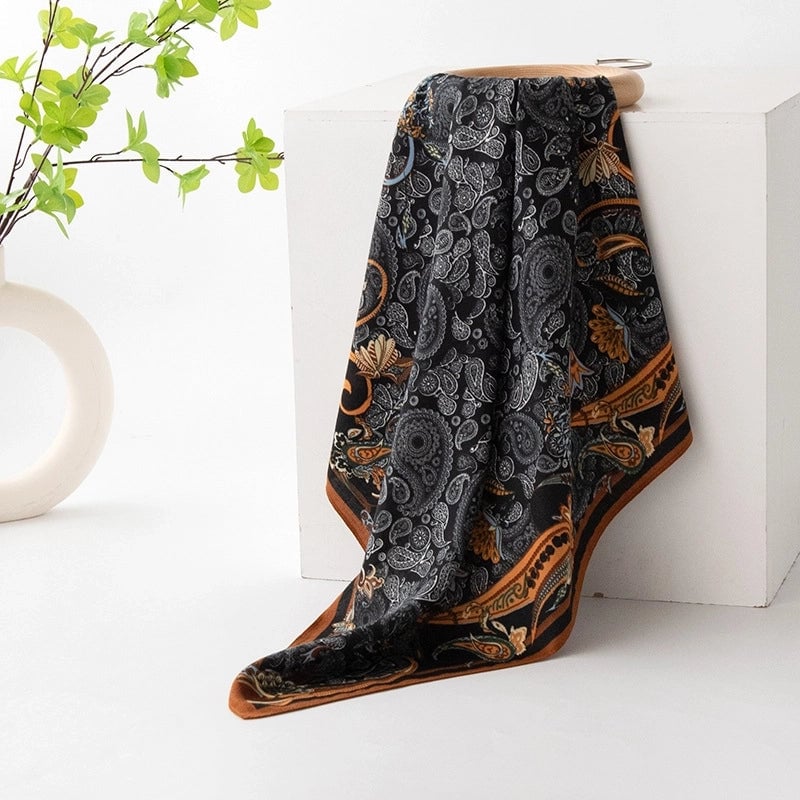 Women's Retro Plaid Flower Satin Silk Scarf