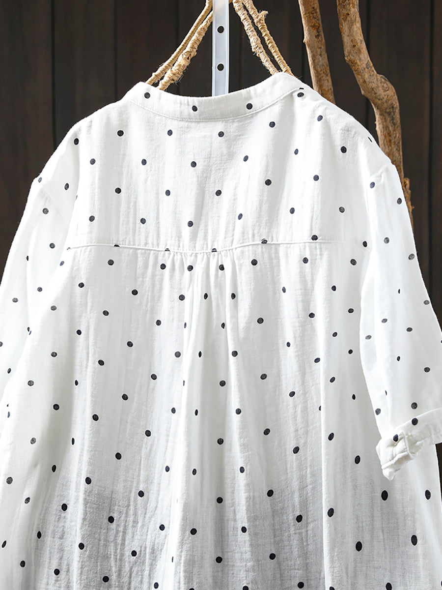 Women Summer Artsy Dot V-Neck 100%Cotton Shirt