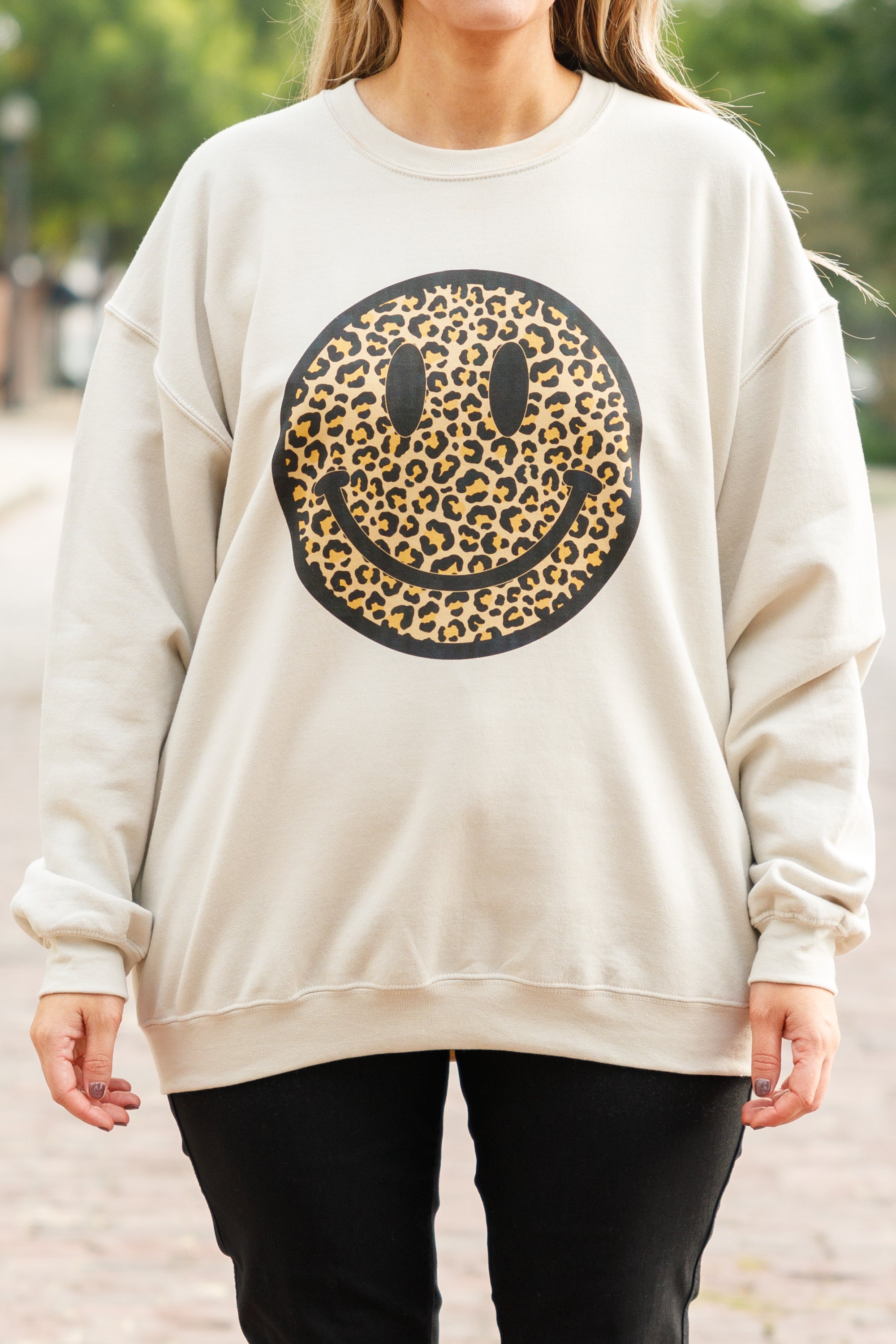 Smiley Face Sweatshirt. Sand