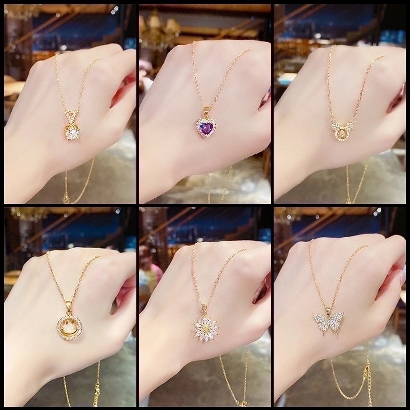 Fashion Heart Shape Smiley Face Butterfly Titanium Steel Inlay Rhinestones Necklace