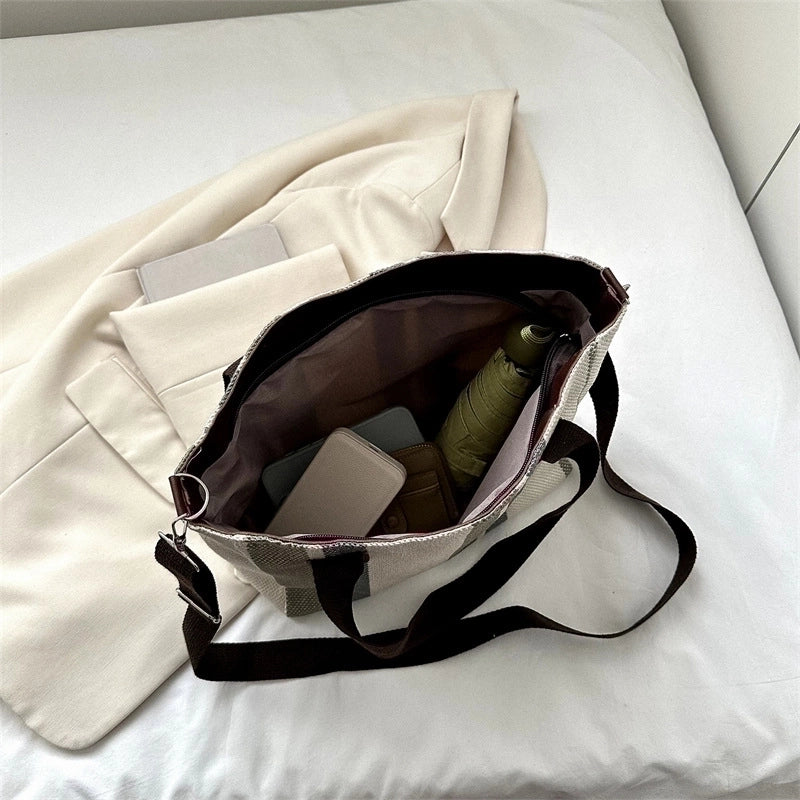 Women's Large Canvas Stripe Vintage Style Square Zipper Crossbody Bag