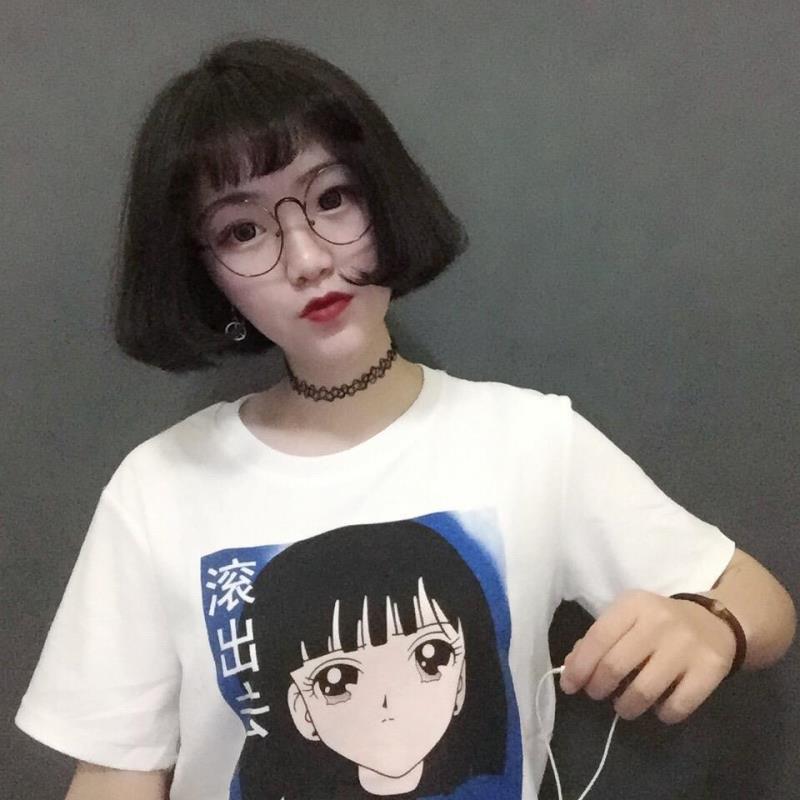 Black Haired Girl White Cotton T-shirt