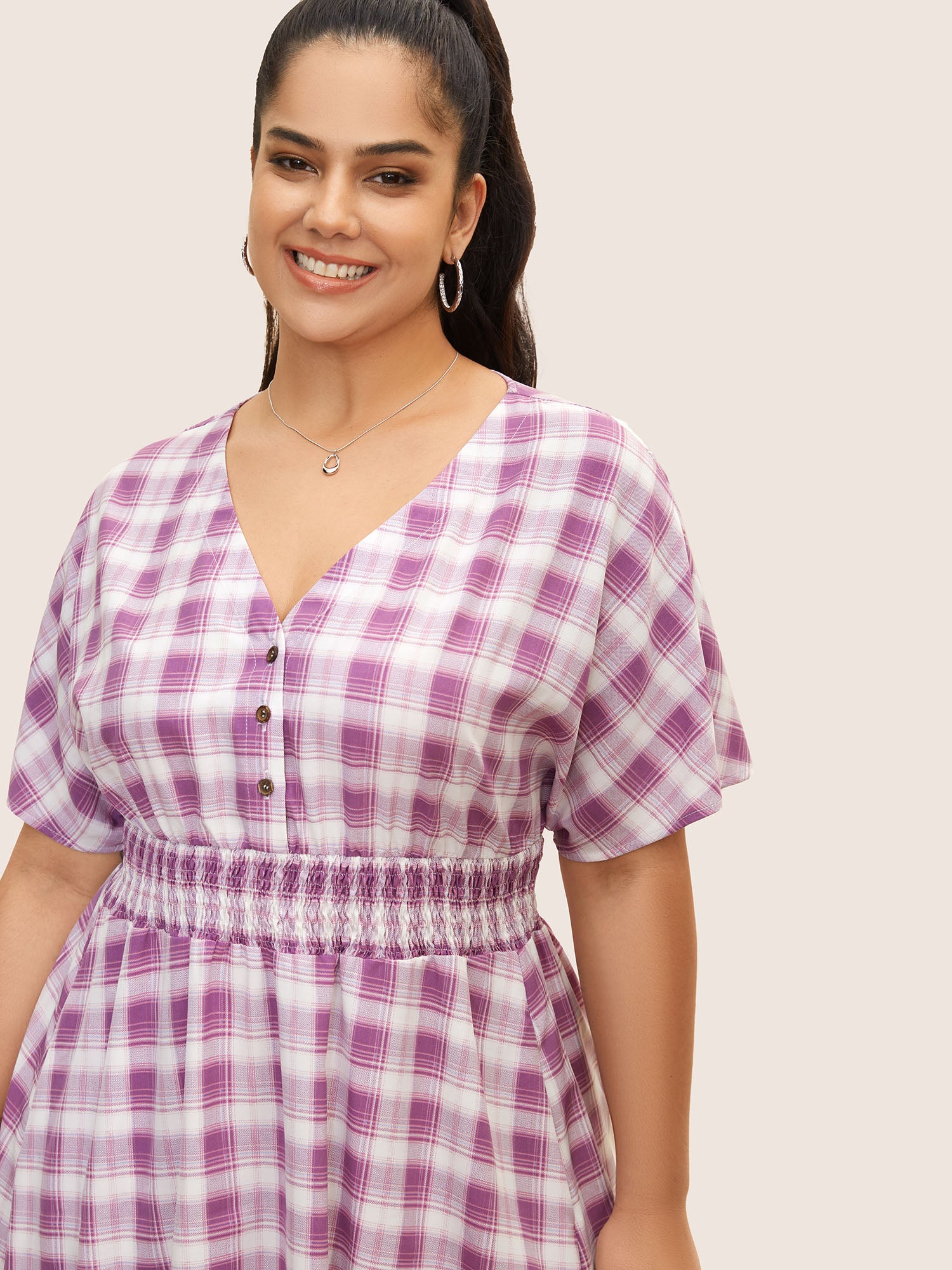 Gingham Shirred Button Up Dolman Sleeve Dress