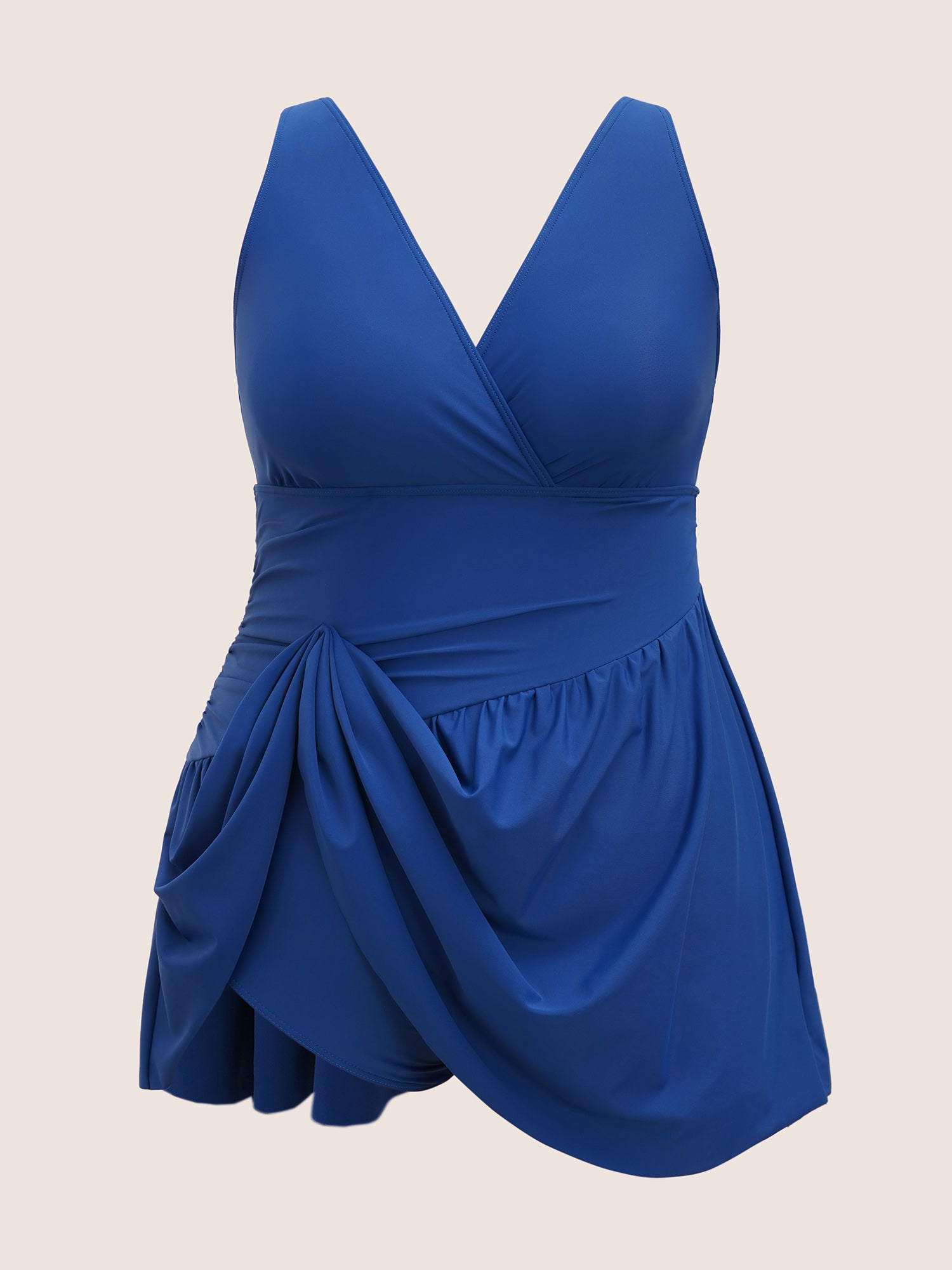 Solid Surplice Neck Gathered Swim Dress