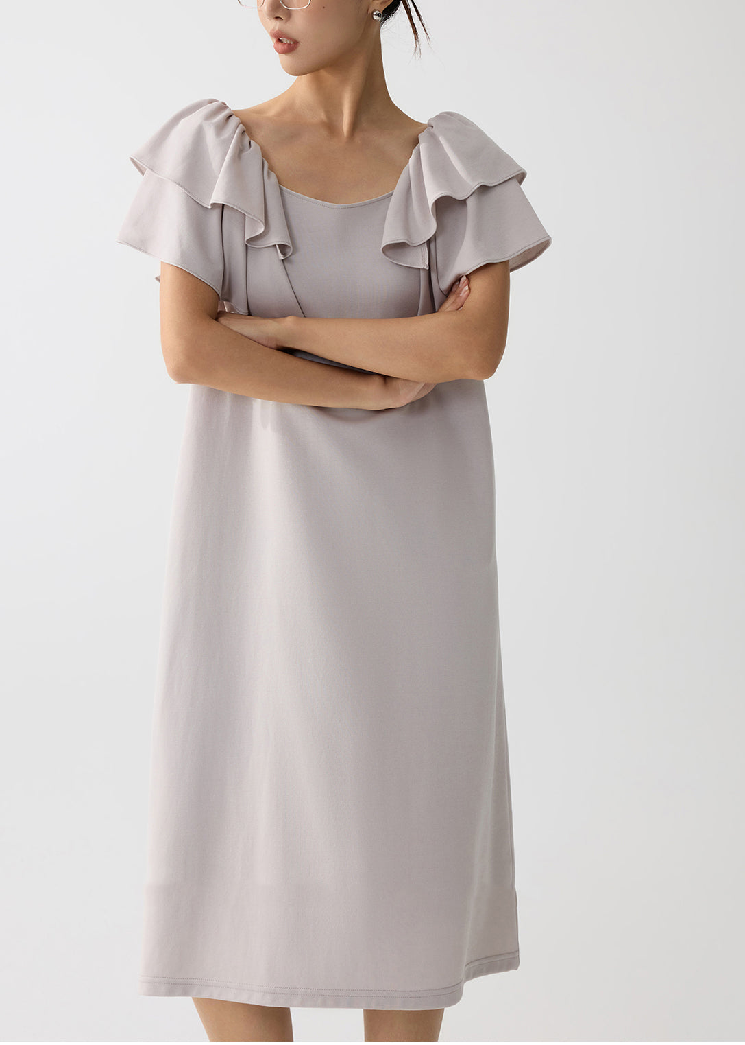 Women Apricot Cotton Work Straight Dress Butterfly Sleeve