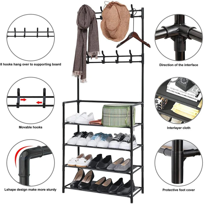 Multifunctional 4 Layers Shoe & Coat Rack. Metal Storage Rack