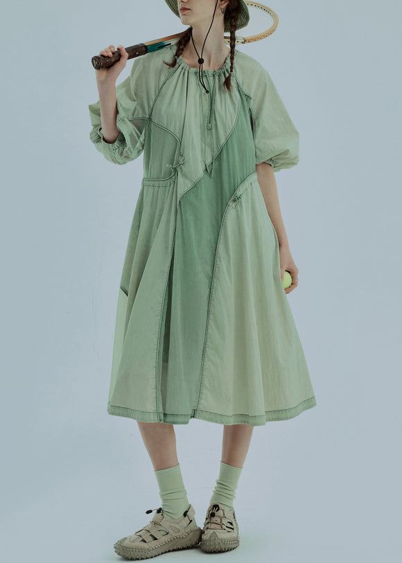 Modern Green Drawstring Wrinkled Patchwork Cotton Dresses Summer