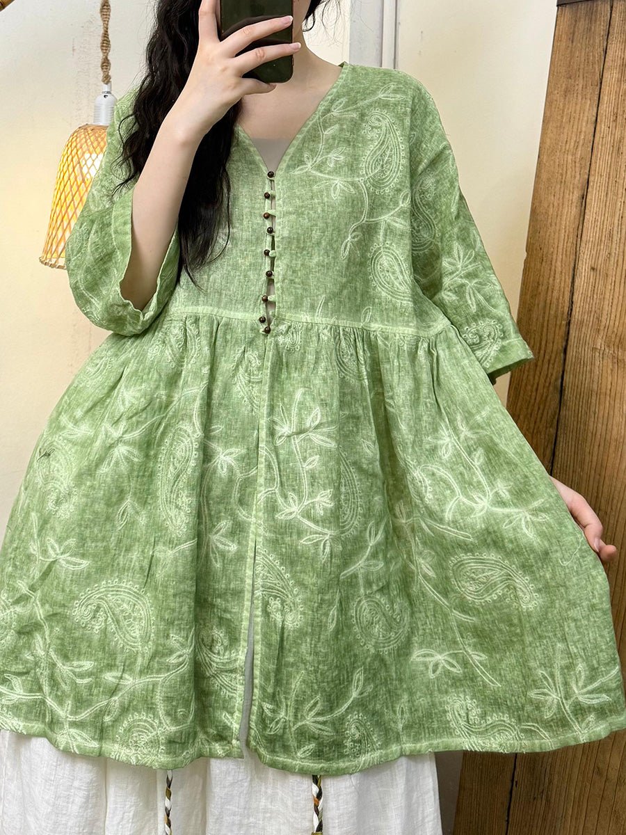Women Summer Artsy Embroidery Flower Ramie V-Neck Shirt