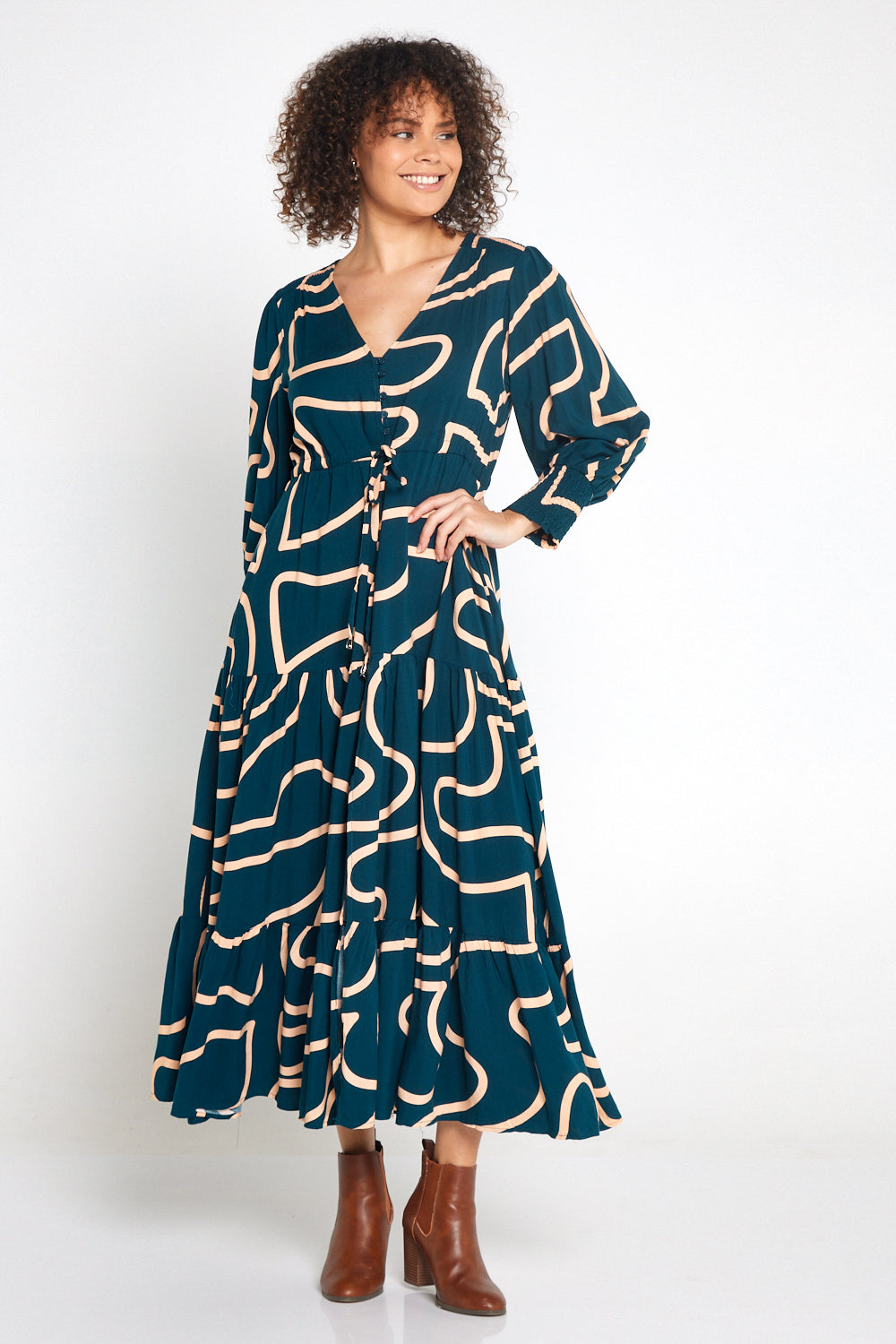 Makena Long Sleeve Maxi - Teal/Beige