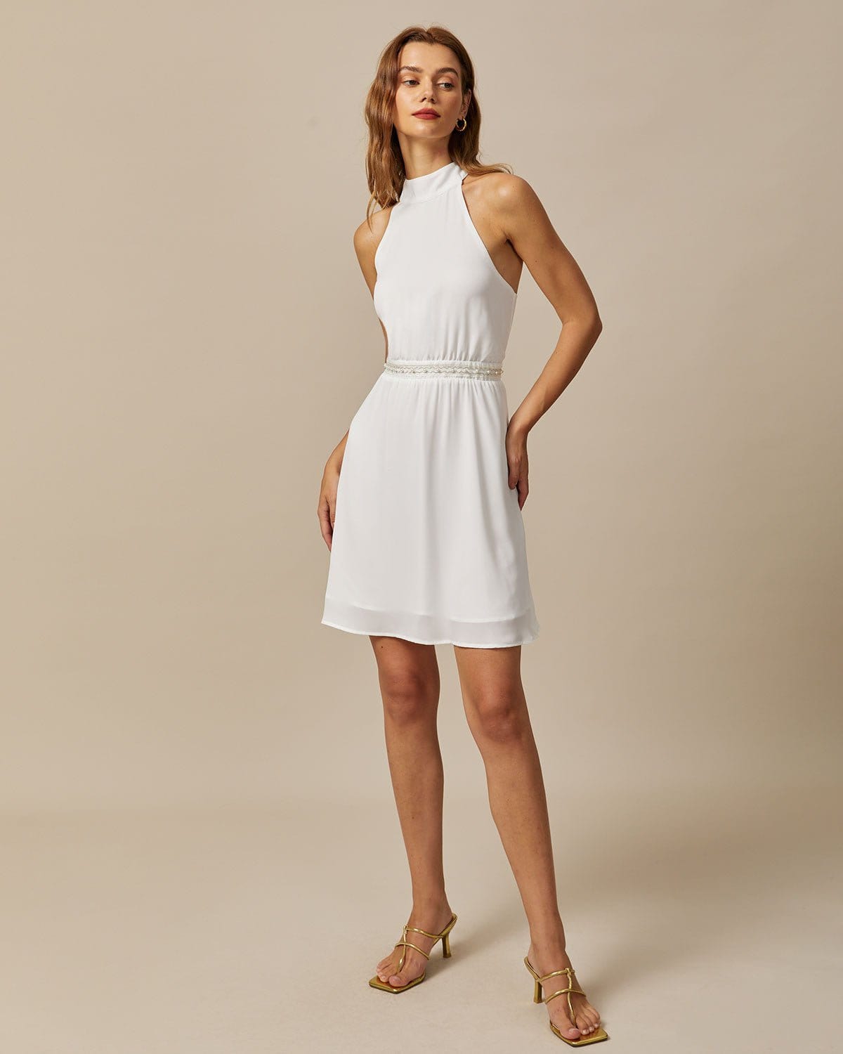 The White Mock Neck Pearls Backless Mini Dress