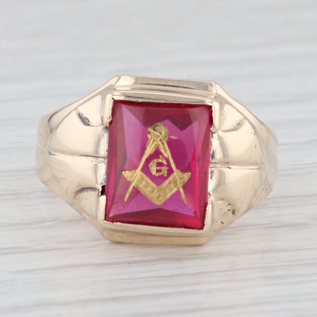 Masonic Signet Ring Lab Created Ruby 10k Gold Size 8.5 Blue Lodge Square Compass