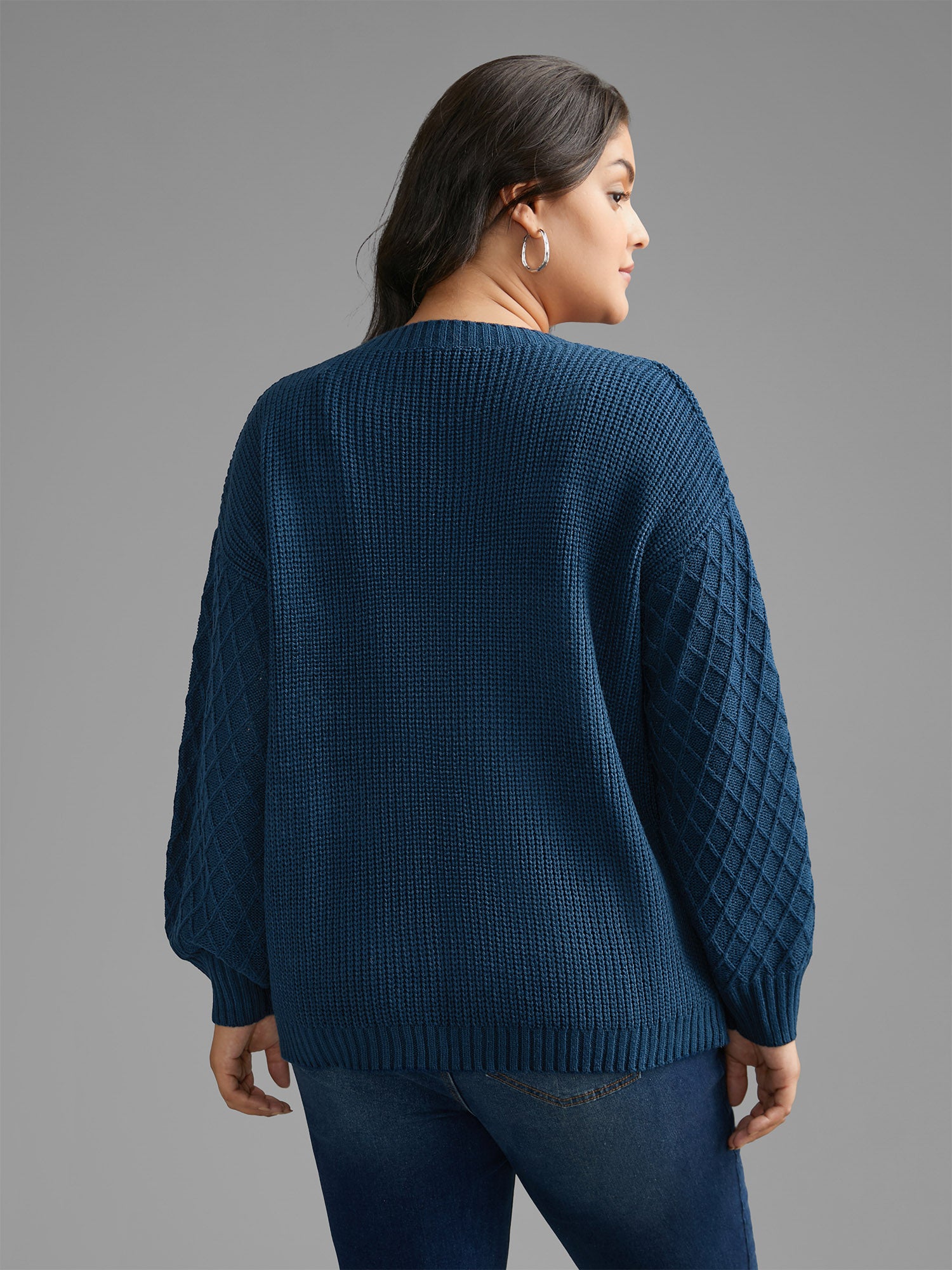 Cable Knit Texture Lantern Sleeve Pullover