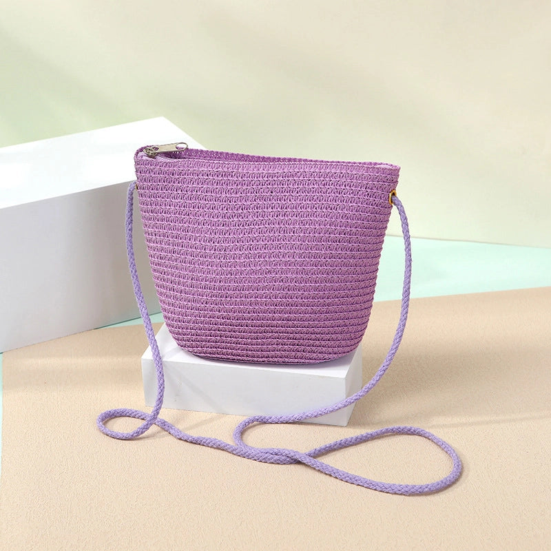 Women's Straw Solid Color Beach Weave Square Zipper Flip Cover Straw Bag