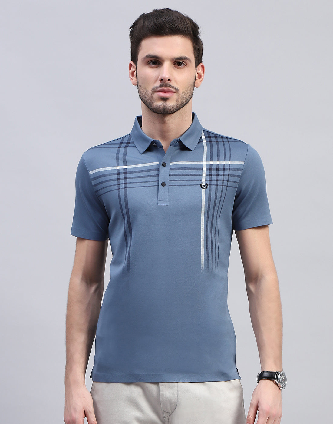 Men Blue Printed Polo Collar Half Sleeve T-Shirt