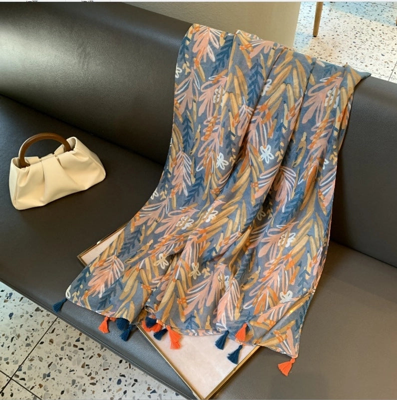 Women's Silk Scarf Summer Versatile Thin Scarf Cotton And Linen Scarf Blue Feather Tassel Beach Towel Sunscreen Shawl