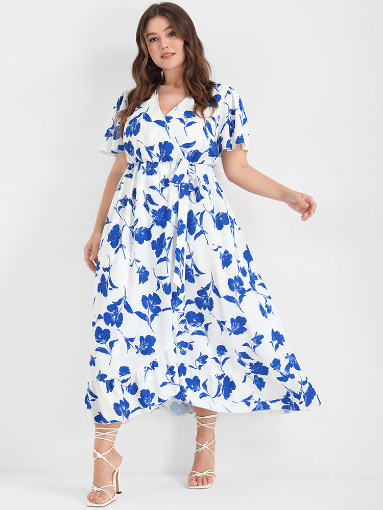 Floral Ruffle Knot Side Wrap Dress