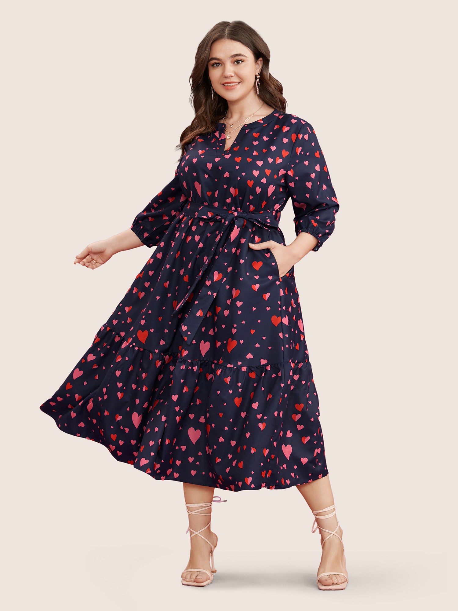 Heart Print V Neck Pocket Belted Lantern Sleeve Ruffles Dress