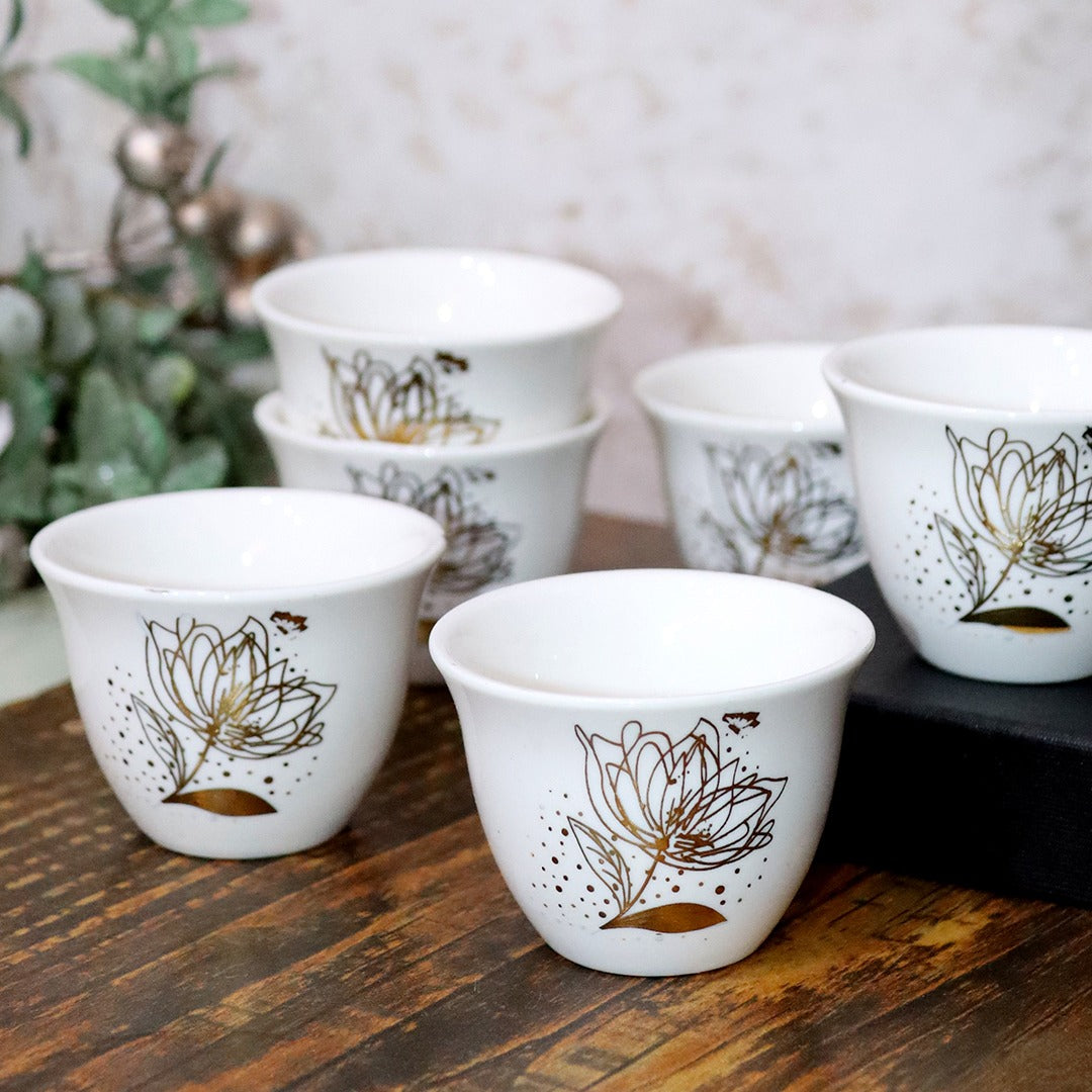 Golden Petals Porcelain Coffee Cups Set (6pcs)