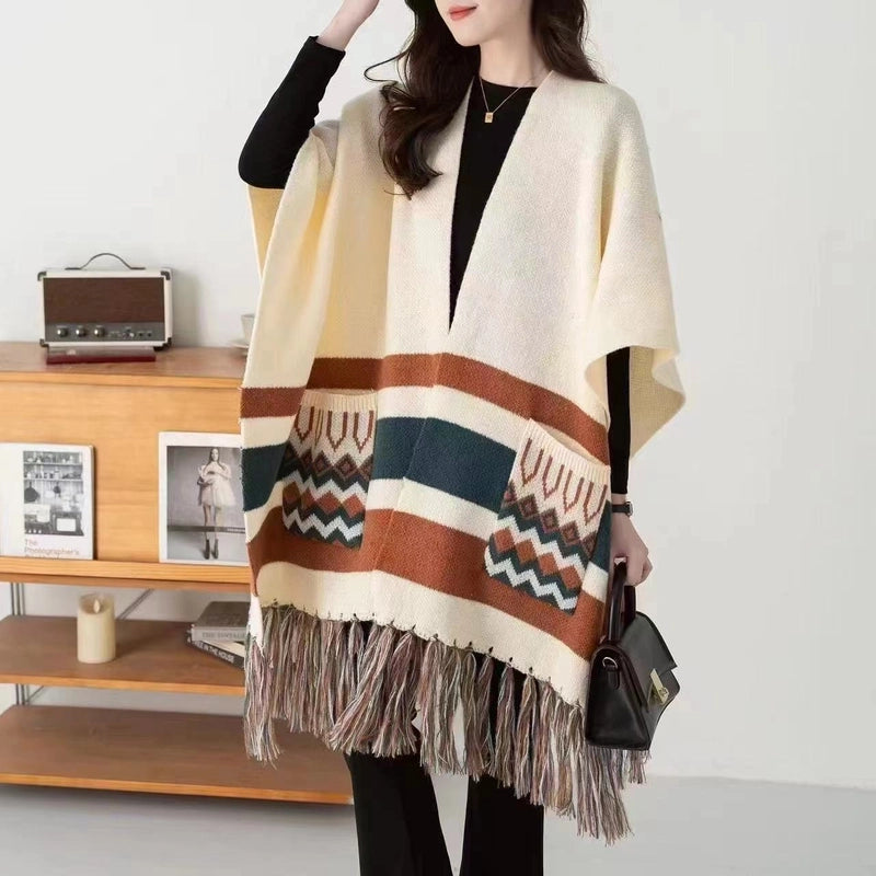 Women's Elegant Retro Geometric Imitation Cashmere Tassel Shawl