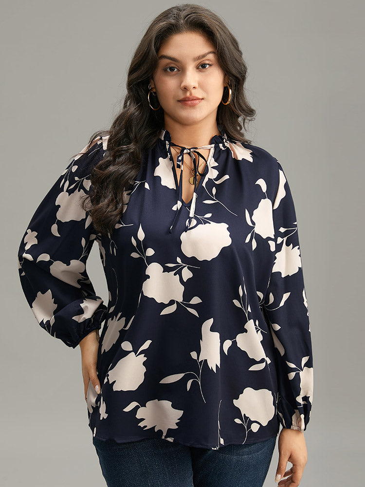 Silhouette Floral Print Stand Collar Tie Neck Blouse
