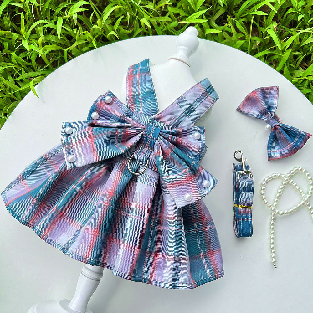 Pearl Decor Plaid Dog Harness Dress&Leash