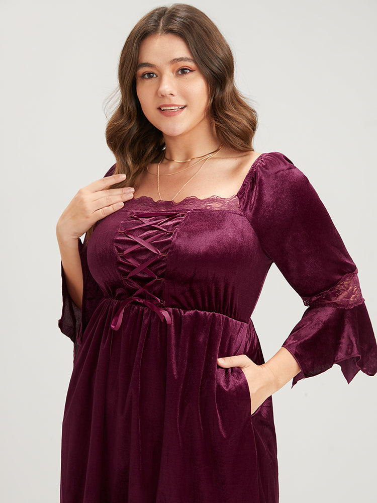 Halloween Solid Velvet Bell Sleeve Pocket Contrast Lace Ties Midi Dress
