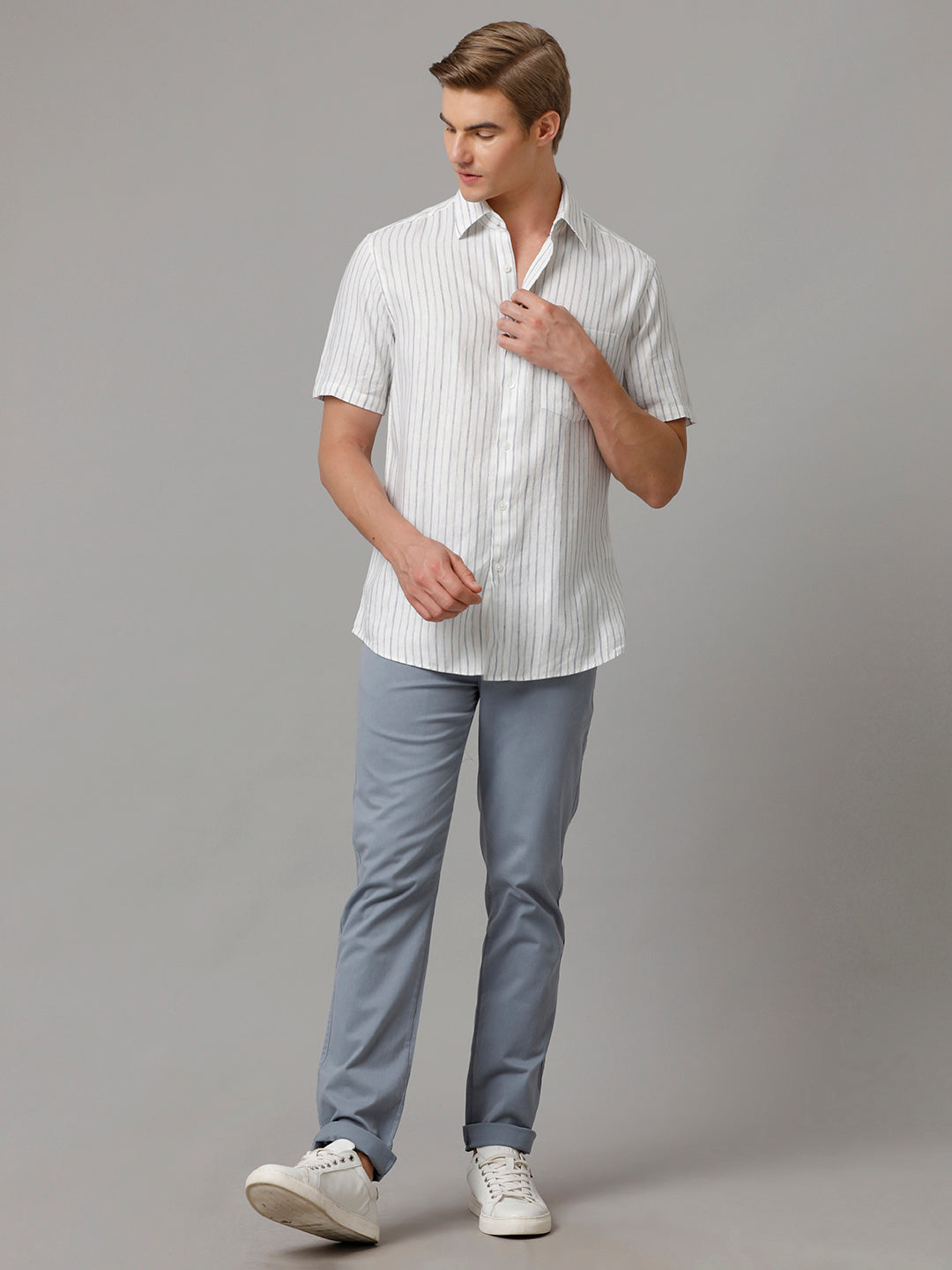 Men Stripes Casual White Shirt (LAINE)