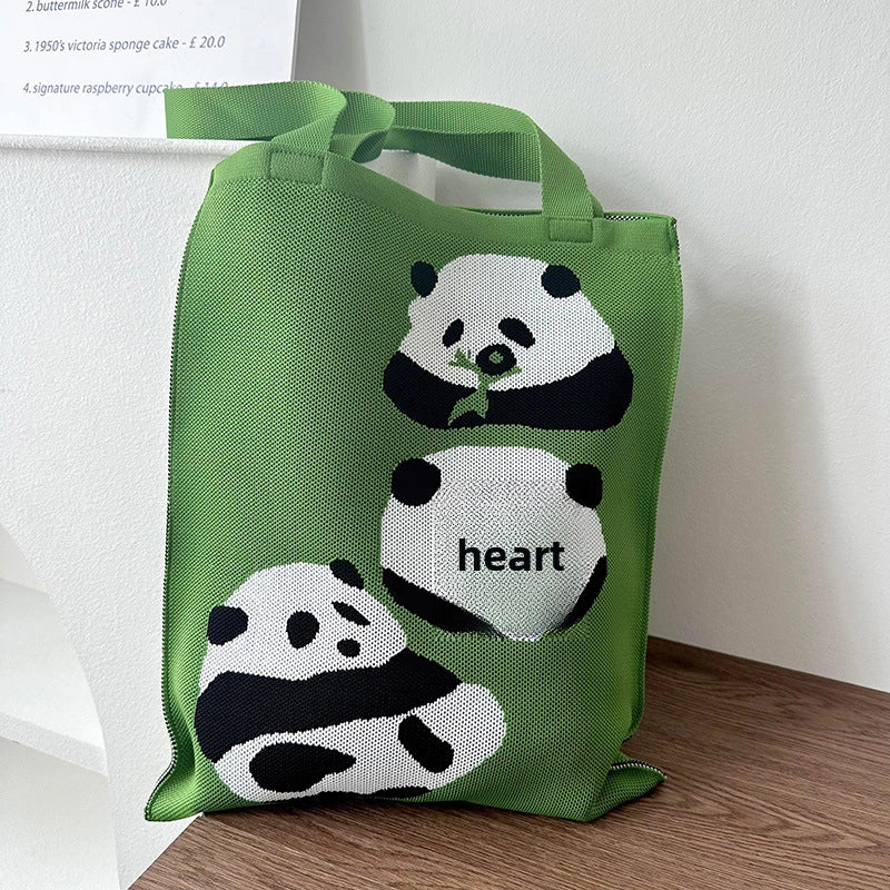 Niche Design Cute Panda Knitted Shoulder Bag Women's Versatile Large Capacity Shopping Commuter Tote Bag Women's Bag