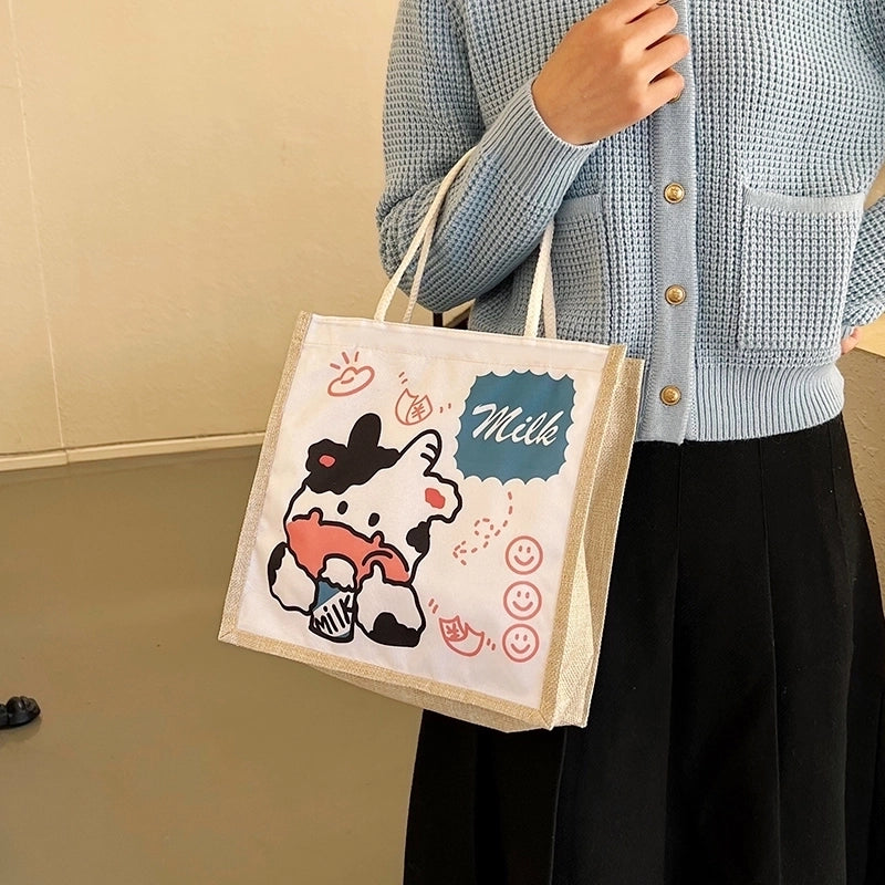 Women's Linen Animal Cartoon Classic Style Sewing Thread Square Zipper Handbag