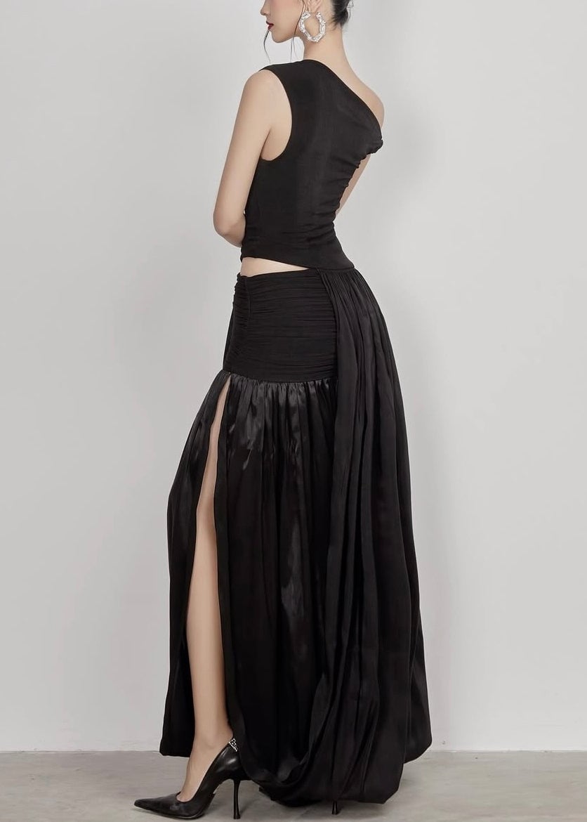 Black Side Open Solid Cotton Long Dress Cold Shoulder Sleeveless