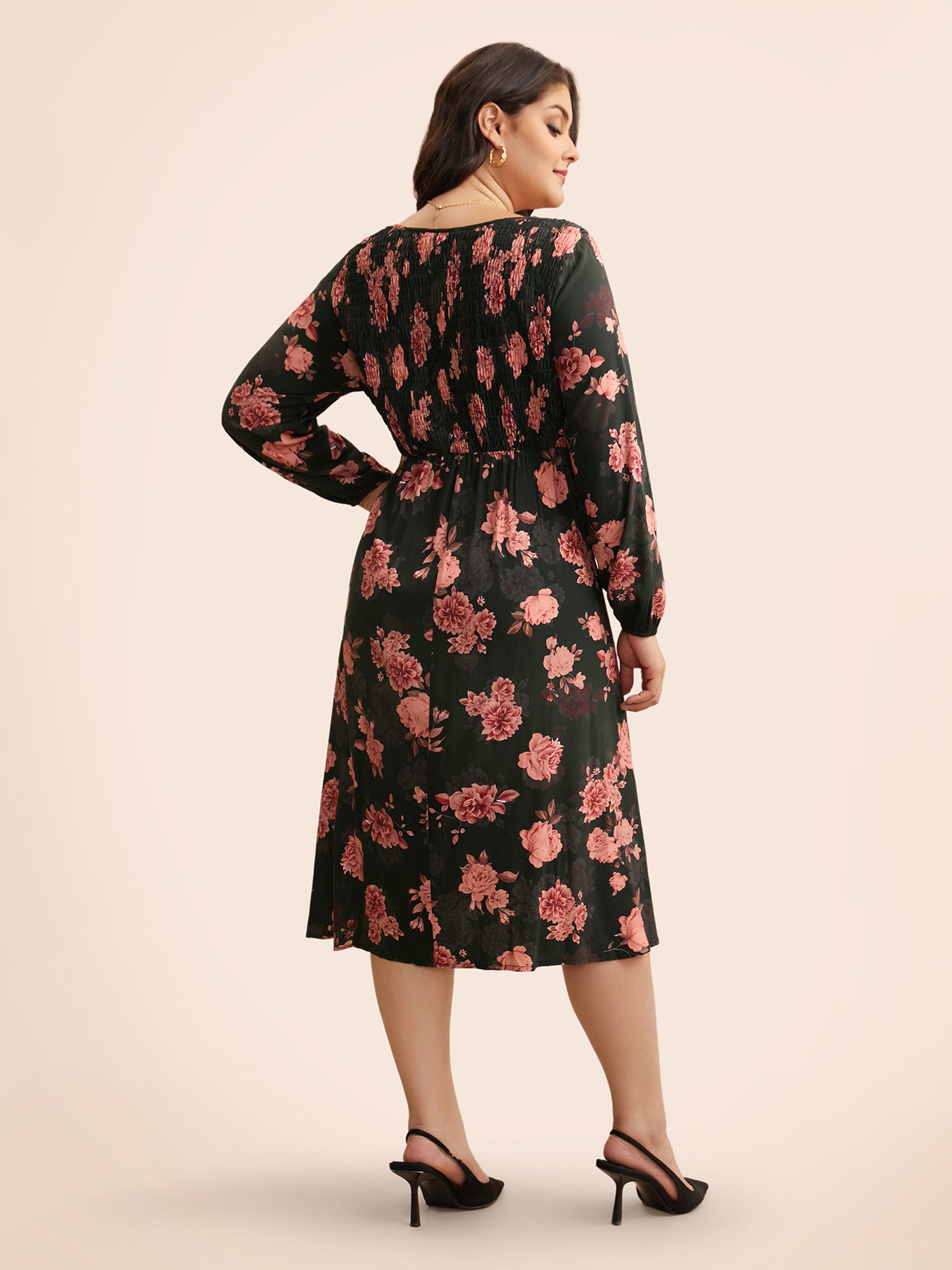 Floral Lantern Sleeve Shirred Pocket Dress