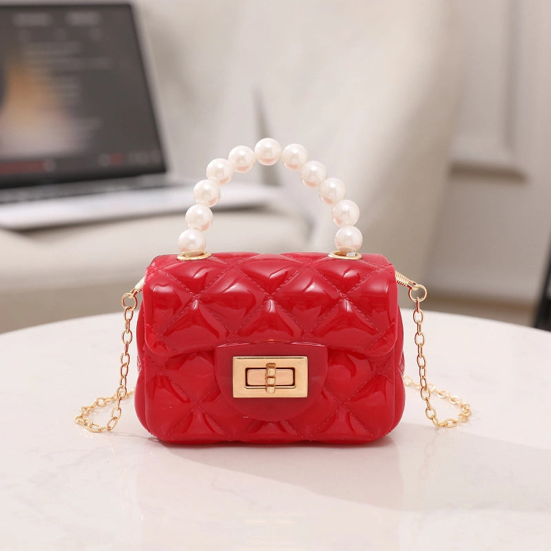 Women's PVC Solid Color Cute Beading Pearls Square Lock Clasp Crossbody Bag