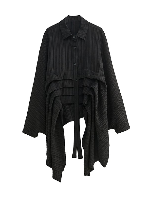 Long Sleeves Loose Pleated Solid Color Lapel Blouses&Shirts Tops
