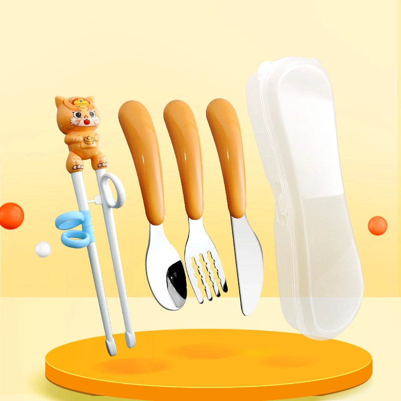 Portable Feeding Children's Tableware Set Cartoon Learning Chopsticks Training Chopsticks 304 Stainless Steel Spoon Fork