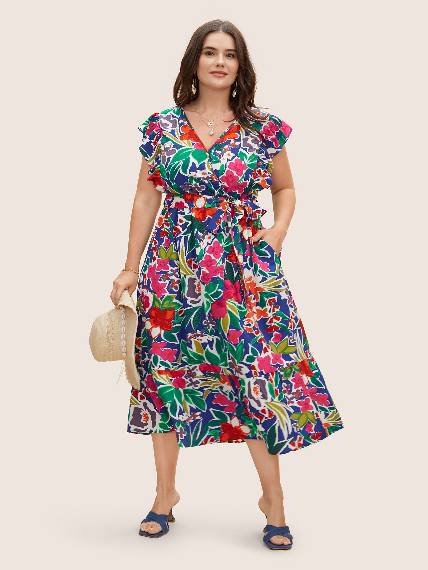 Floral Wrap Patchwork Ruffle Cap Sleeve Dress