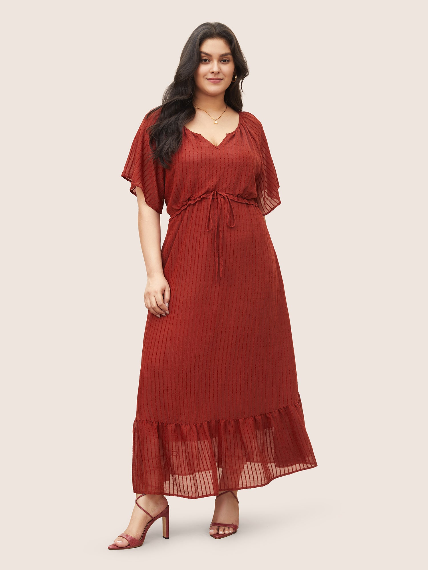 Solid Striped Notched Ties Up Pocket Flutter Maxi Dress